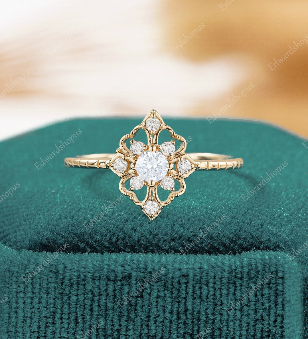 Art Deco Moissanite Engagement Ring Cluster Vintage Yellow Gold ...