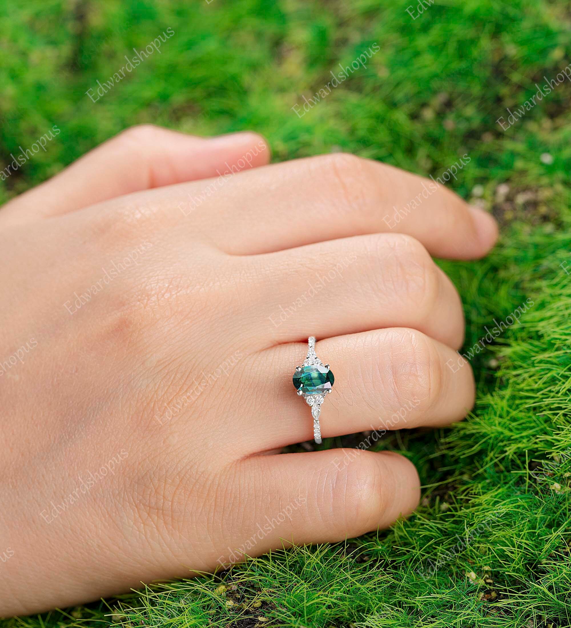 Blue Green Sapphire Engagement ring Unique Engagement ring Etsy