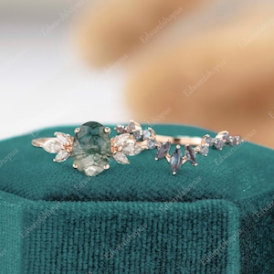 Oval cut moss agate Engagement ring set Unique alexandrite Vintage bridal set rose gold Art Deco Anniversary Moissanite Diamond for women