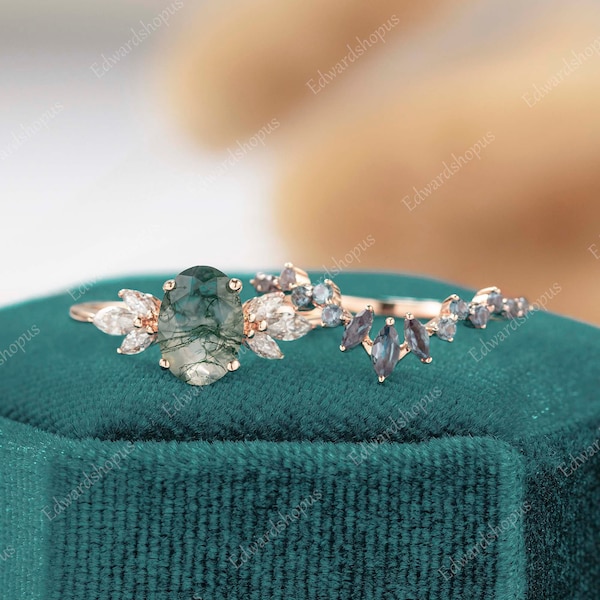 Oval cut moss agate Engagement ring set Unique alexandrite Vintage bridal set rose gold Art Deco Anniversary Moissanite Diamond for women