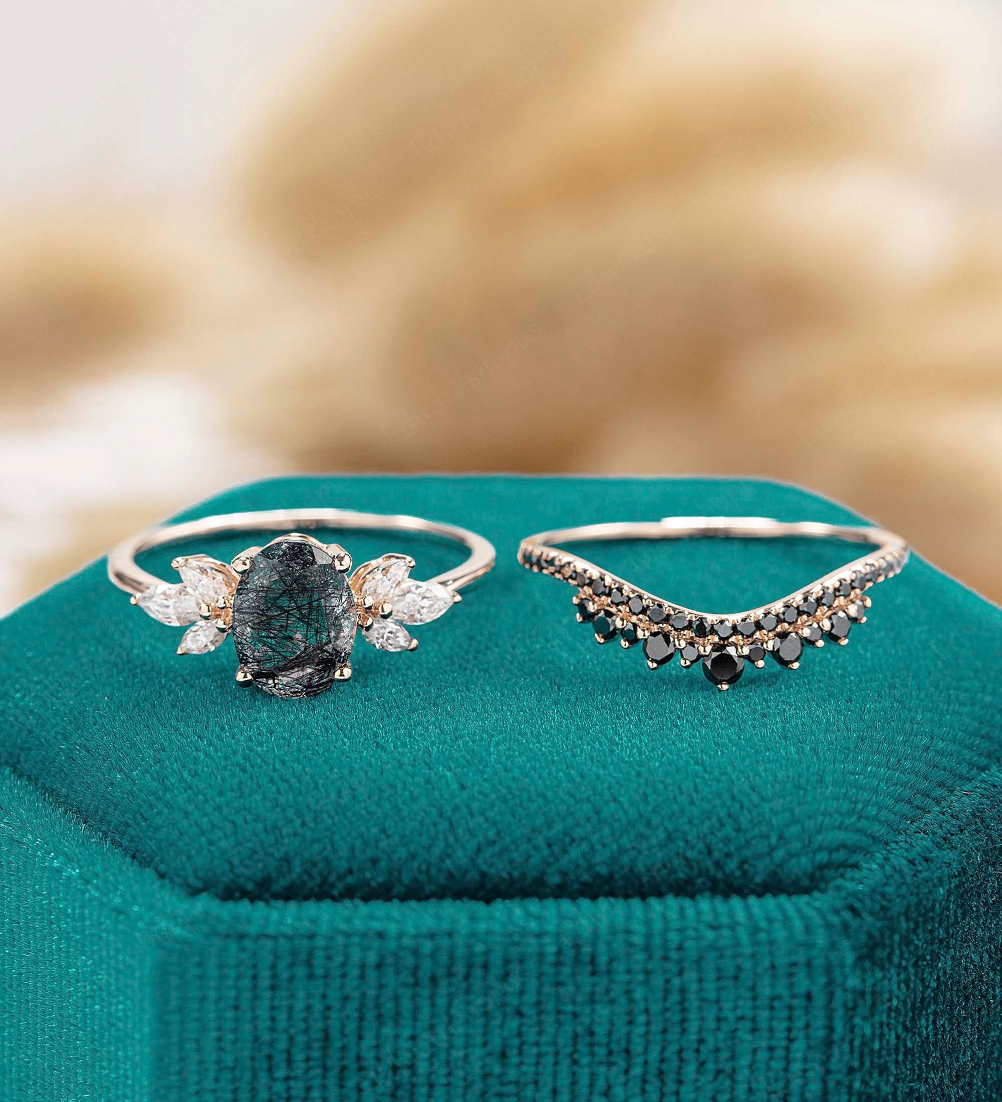 Black Rutilated Quartz Engagement Ring Set for Women Rose Gold