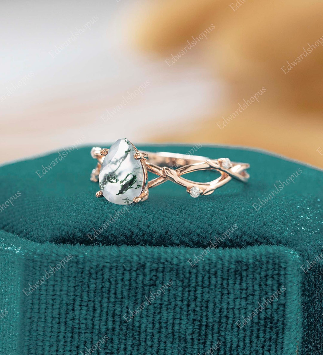 Moss Agate Engagement Ring Unique Pear Shaped Vintage Engagement