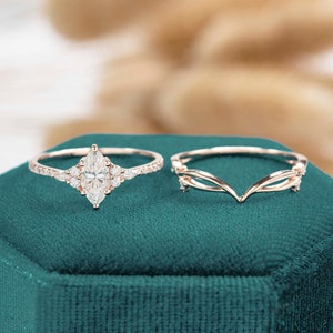 vintage moissanite Engagement Ring set Marquise cut vintage Rose gold Women leaf Antique art deco Bridal diamond Unique half eternity gift