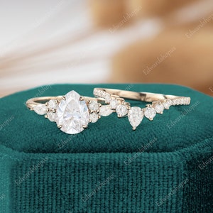 moissanite engagement ring set vintage Pear shaped women yellow gold marquise cut unique diamond wedding Bridal anniversary art deco ring