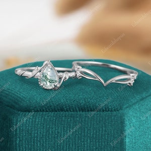 Moosachat Verlobungsring Set, einzigartige birnenförmige Ring, Vintage Blattring, 14k / 18k Weißgoldring, Stapelring, Geburtstagsgeschenk Frauen