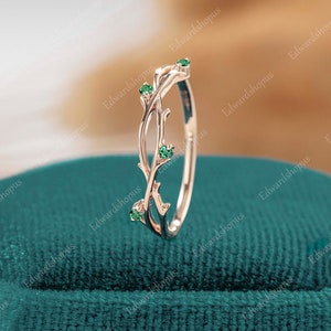 vintage emerald wedding band art deco leaf ring minimalist rose gold ring dainty wedding ring unique band staking matching band bridal