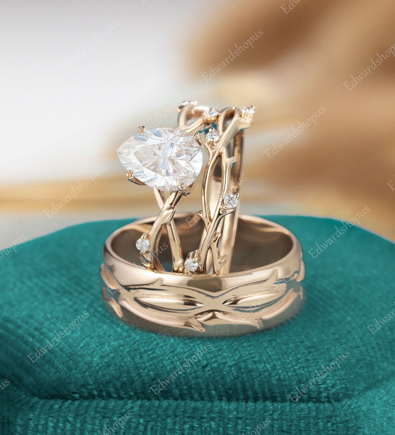 3stk Paare Ring Set für Männer und Frauen, Moissanite Verlobungsring Set, Männer Ehering, Ehering Set, Vintage Diamant Braut Set Bild 1
