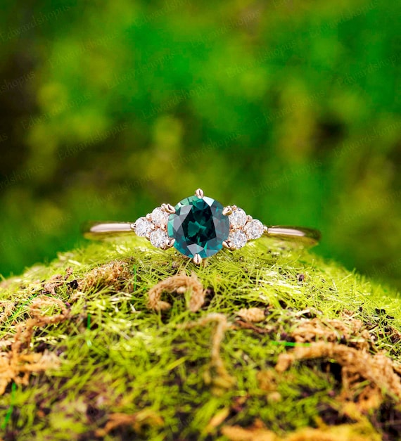 Blue Green Sapphire Engagement Ring Vintage Women Cluster Blue Green Sapphire Engagement Ring Vintage Women Cluster