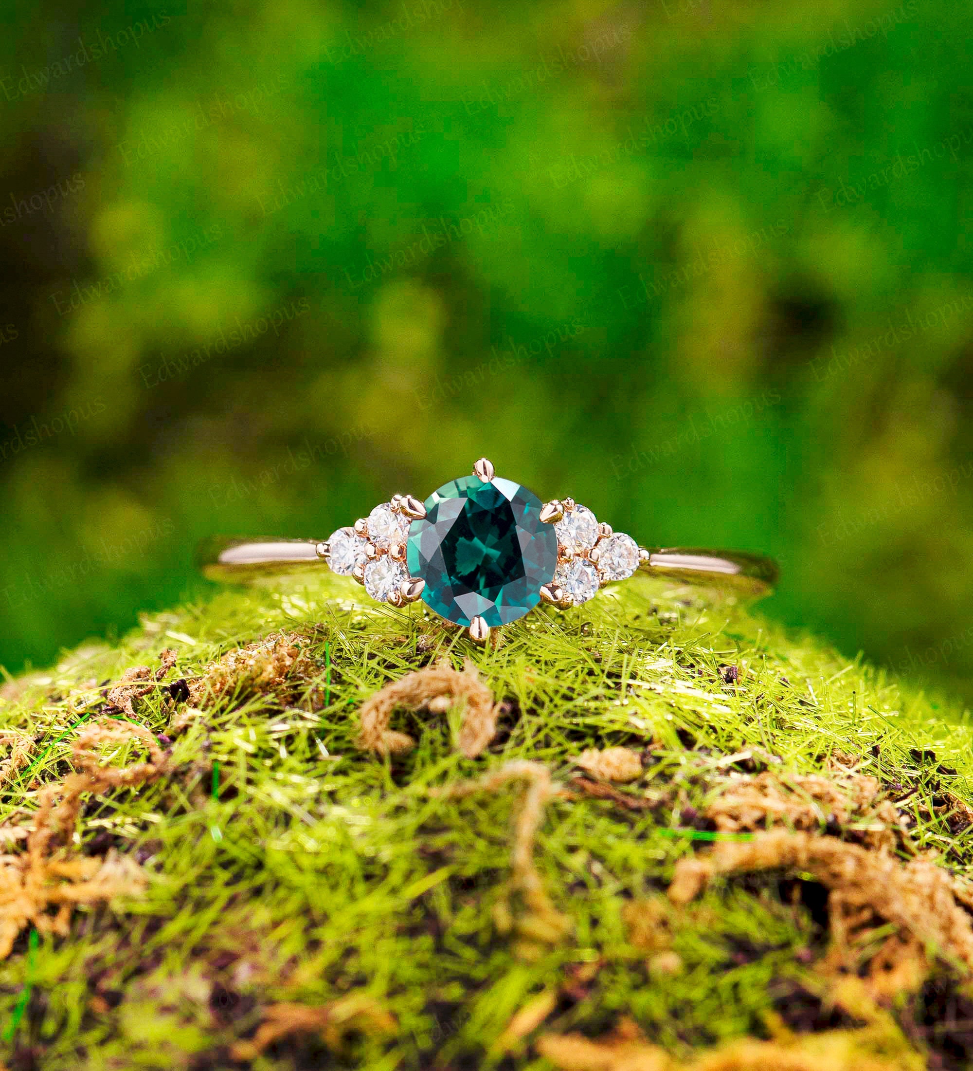 アガット　グリーン、ブルー Blue Green Sapphire Engagement Ring Vintage Women Cluster