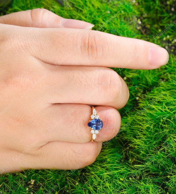 Sapphire Engagement Ring Vintage White Gold Unique Engagement Ring