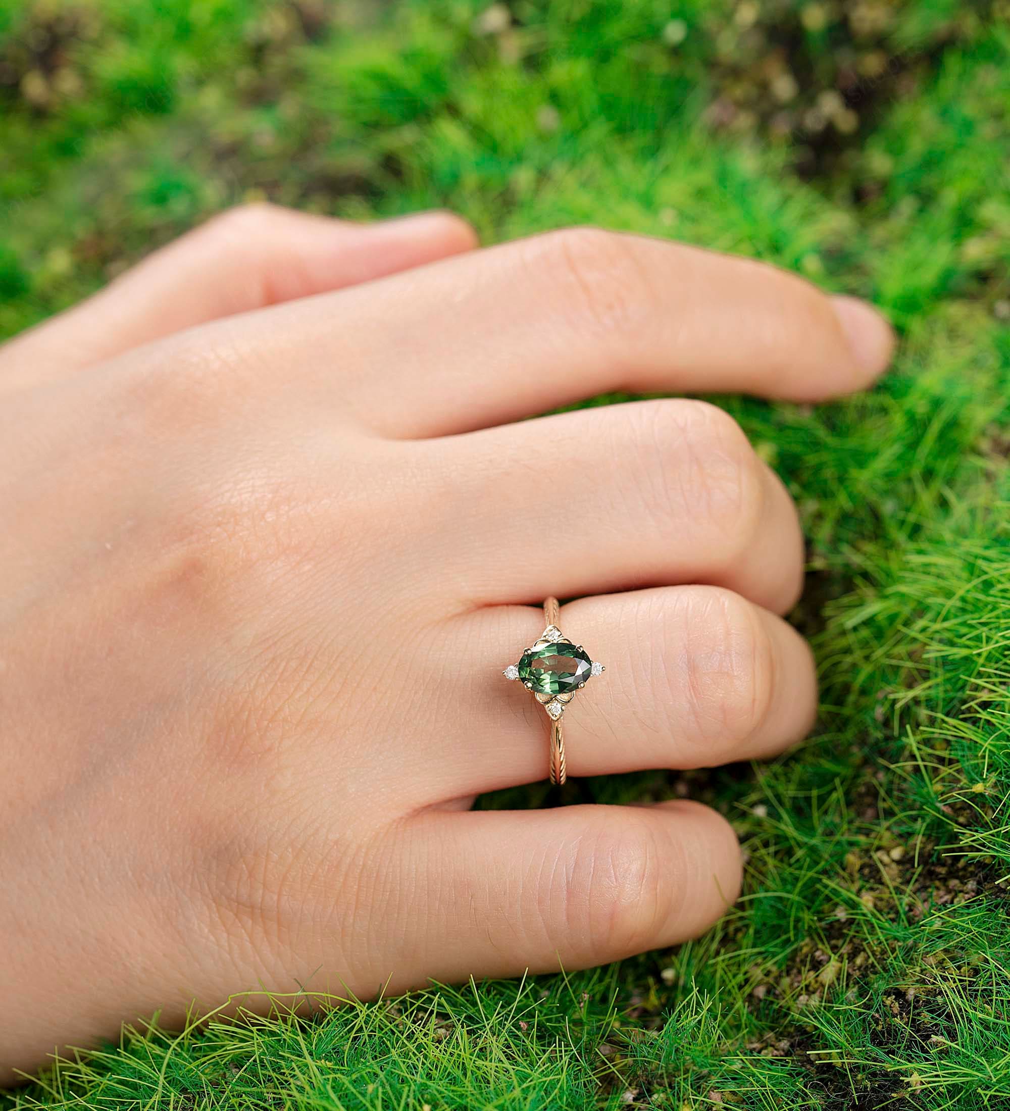 Blue Green Sapphire Engagement Ring Vintage Engagement Ring Etsy