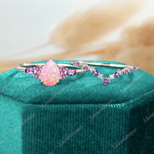 Conjunto de anillos de compromiso de ópalo de fuego rosa en forma de pera, anillo de alejandrita de racimo de oro rosa único, anillo de zafiro rosa amatista, conjunto nupcial para mujeres