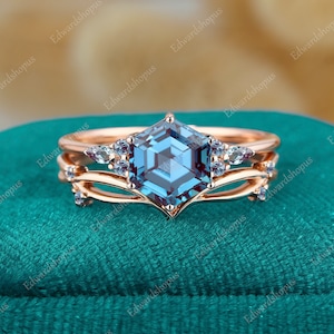Hexagon cut alexandrite engagement ring set, women rose gold marquise cut alexandrite ring unique curved wedding band Bridal set anniversary