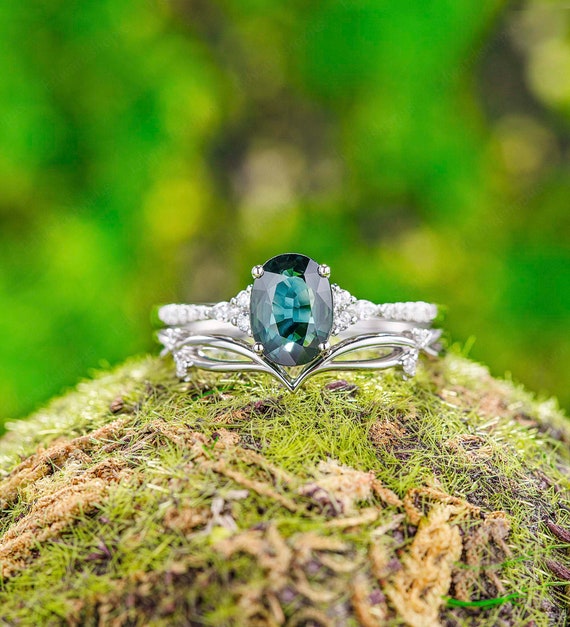 Anello di fidanzamento con zaffiro verde blu Anello di fidanzamento unico set Anello di fidanzamento vintage regalo per lei per le donne Anello in oro bianco Moissanite Art Etsy Italia
