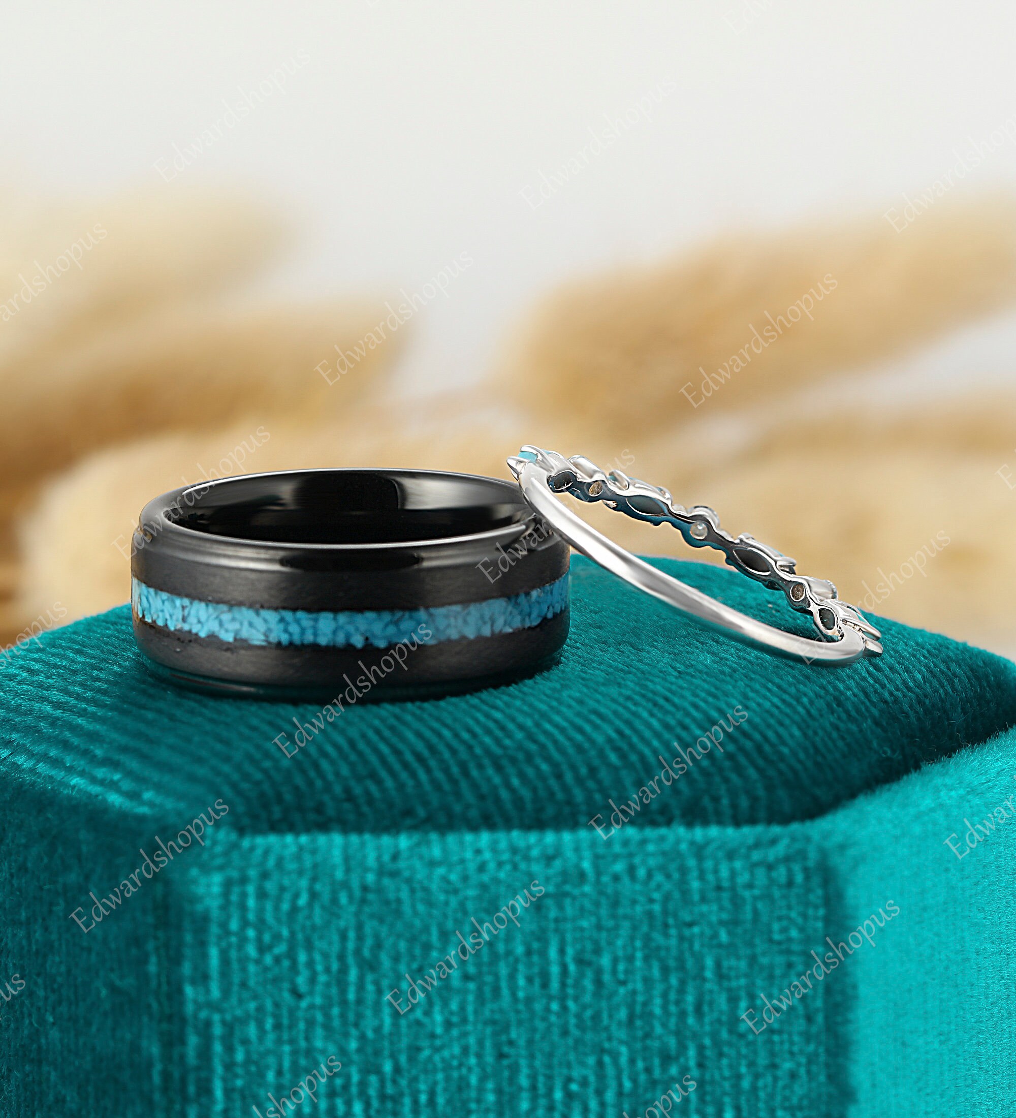 Hammered Black Tungsten Ring, Couples Ring Set, Marquise Turquoise