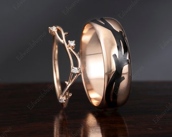 Conjunto de anillos para parejas para hombres y mujeres conjunto de anillos de boda, banda de bodas para hombres negros Vintage Diamond oro rosa Regalo de aniversario a juego para ella