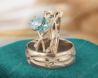 3 Stück Paare Ring Set für Männer und Frauen, Männer Ehering, Moos Achat Verlobungsring Set, Ehering Set, Vintage Diamant Braut Set