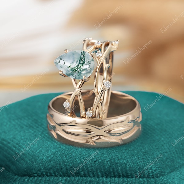 3pcs Couples Ring Set For Men and Women, men wedding band, moss agate engagement ring set, wedding ring set, Vintage Diamond bridal set