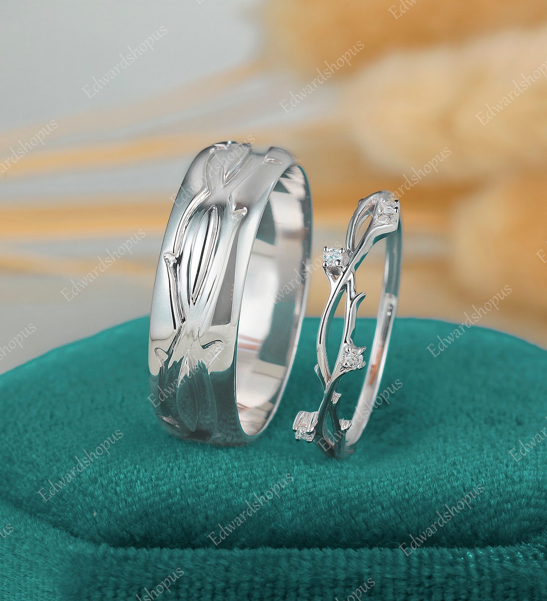 Couples Ring Set for Men and Women Wedding Ring Set Men Comfort Fit Band Vintage Diamond White