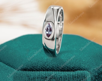 Herrenring Trauring Vintage Trauring Alexandrit Trauring Marquiseschnitt Trauring Weißgold Verlobungsring Herrenring Geschenk zum Jahrestag