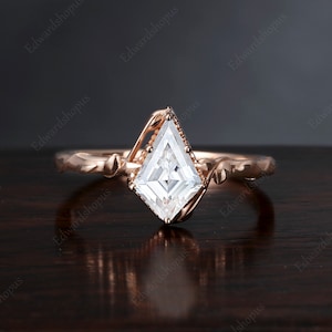 kite cut moissanite Engagement ring, Unique ring, Vintage leaf ring, 14k/18k rose gold ring, stacking ring, Anniversary gift for women