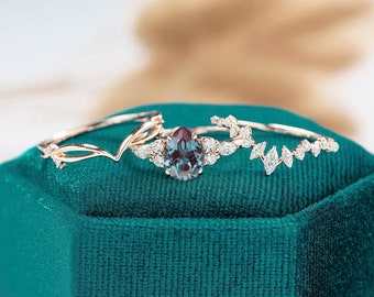 Alexandrite Engagement ring Unique Vintage Moissanite pear shaped rose gold marquise cut  women Diamond Art Deco bridal set gift for her