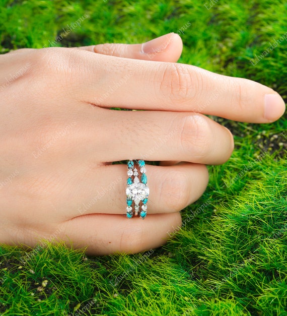 3pcs Oval Moissanite Engagement Ring Set Vintage White Gold Pear