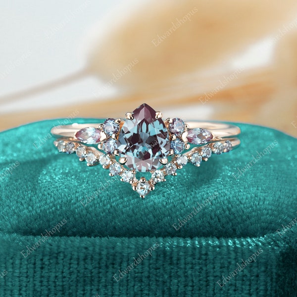 Alexandrite engagement ring set vintage Pear shaped women rose gold unique wedding Bridal set marquise cut art deco anniversary gift for her