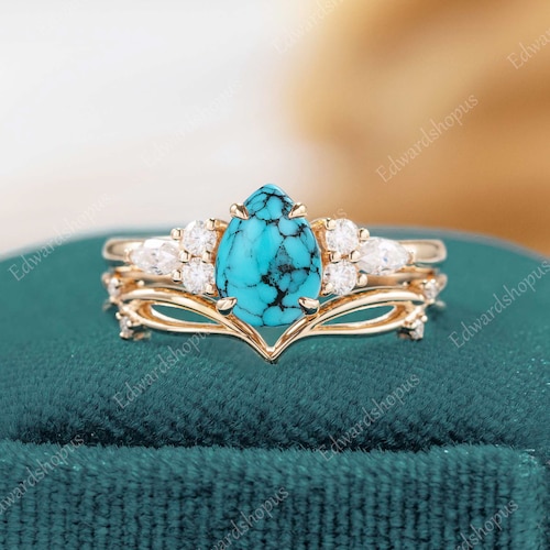 Vintage Turquoise Engagement Ring Set Pear Shaped Women Rose Gold