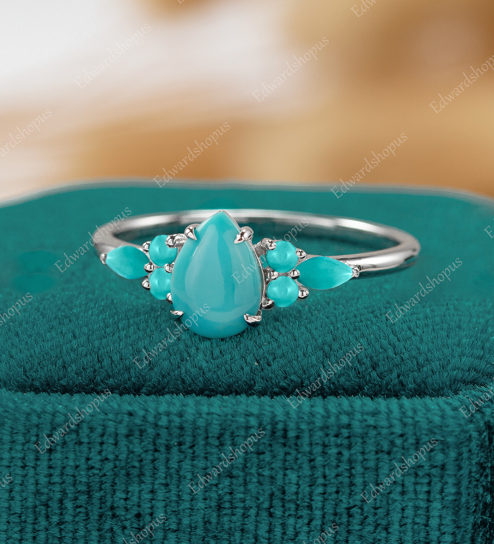 Turquoise Engagement Ring Vintage Pear Shaped Women White Gold