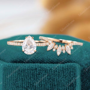 moissanite engagement ring set vintage pear shaped ring rose gold women art deco marquise cut diamond bridal set wedding unique gift for her