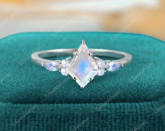 Kite Cut Moonstone Engagement Ring Vintage Women White Gold