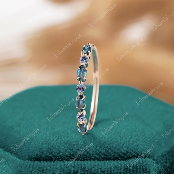 blue green sapphire wedding band, women Vintage alexandrite half eternity rose gold marquise cut match Stacking wedding band gift for her