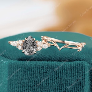 Black rutilated quartz Engagement ring set Unique Engagement ring Vintage ring Pear shaped Moissanite Rose gold ring Diamond gift for her