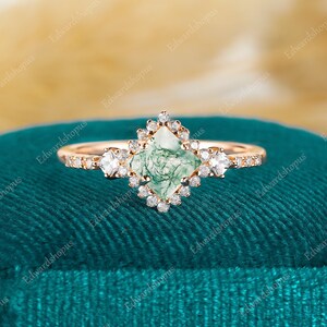 Princess cut Moss Agate Engagement ring, Unique Vintage ring marquise cut Rose gold ring Moissanite gift for her Dainty Diamond anniversary