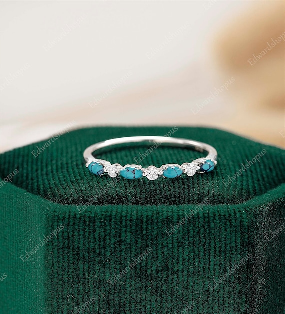 turquoise wedding band women Vintage moissanite half eternity white gold marquise cut wedding band match Stacking diamond band gift for her
