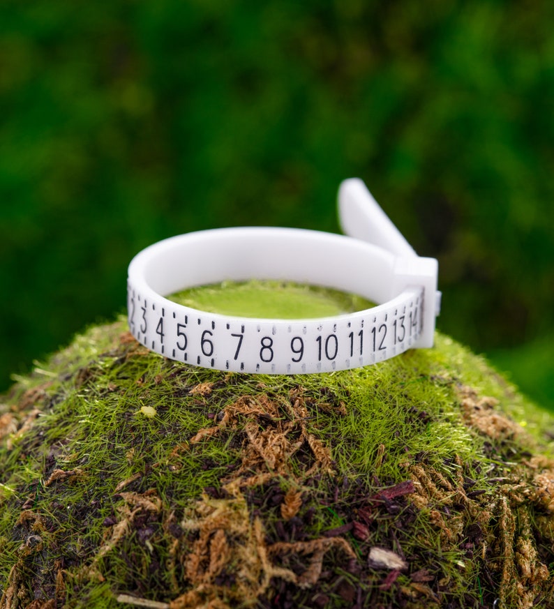 May include: White plastic ring size gauge with numbers 2 through 15 printed on it. The gauge is sitting on a bed of green moss.