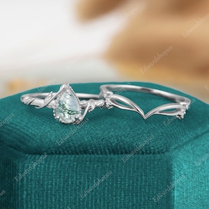 Mosagaat verlovingsring set, unieke peervormige ring, vintage bladring, 14k/18k witgouden ring, stapelring, jubileumcadeau vrouwen