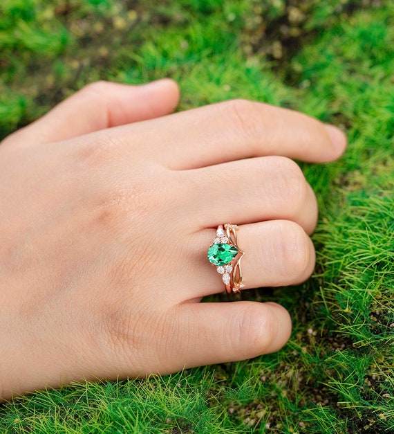 Pear Shaped Lab Emerald Engagement Ring