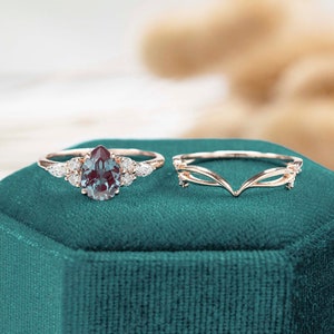 vintage Alexandrite engagement ring set Pear shaped women rose gold marquise cut moissanite unique diamond curved wedding band Bridal set