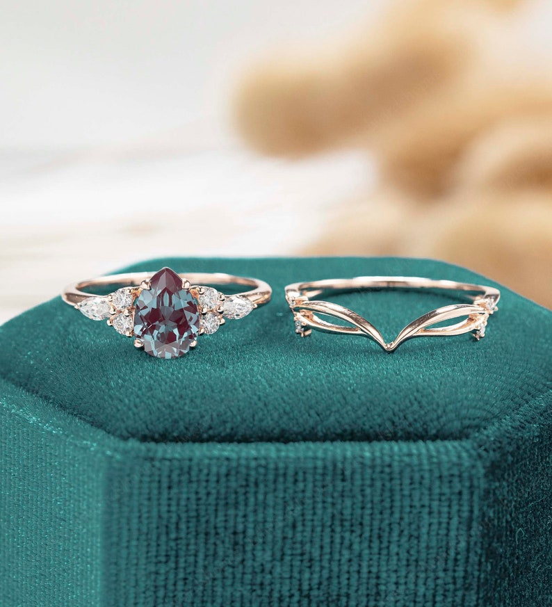 vintage Alexandrite engagement ring set Pear shaped women rose gold marquise cut moissanite unique diamond curved wedding band Bridal set 