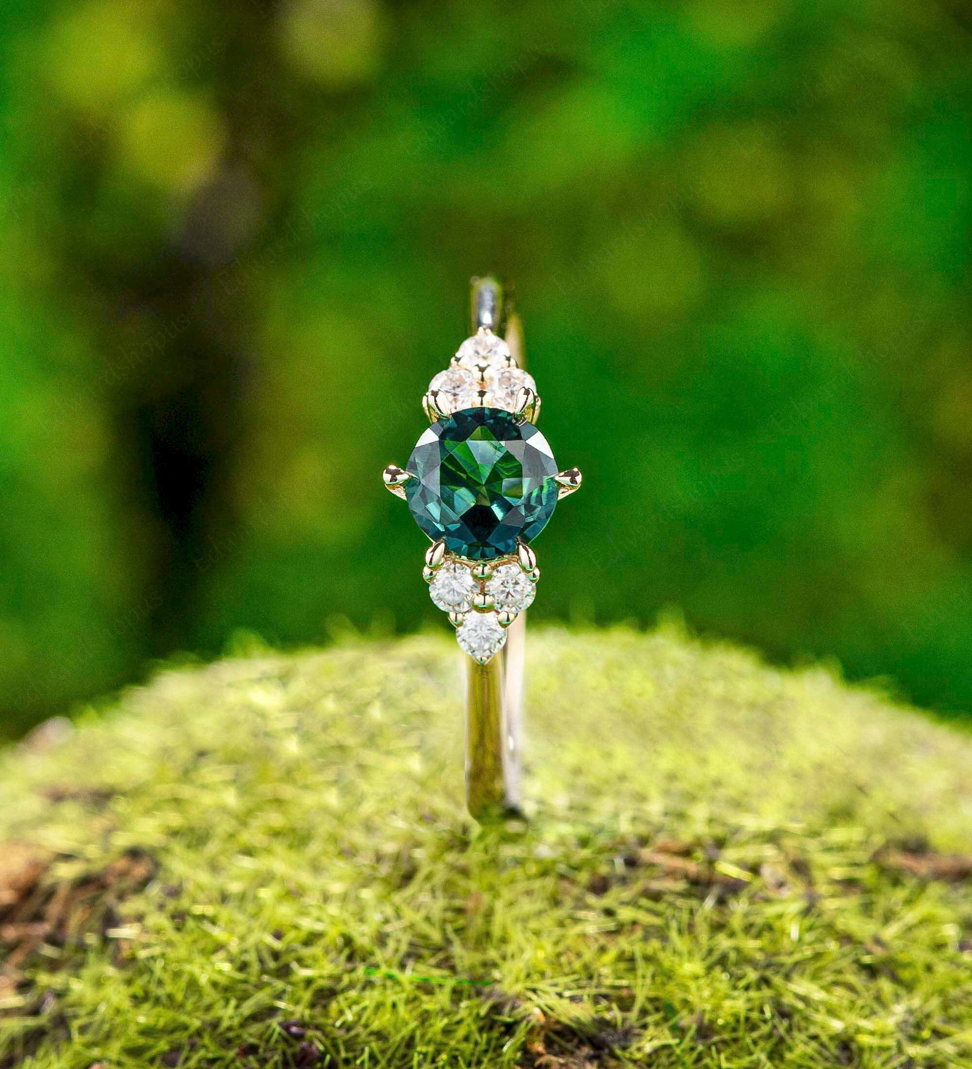 Blue Green Sapphire Engagement Ring Vintage Women Cluster Yellow