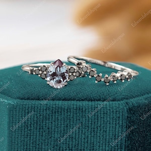 Alexandrite engagement ring set vintage Pear shaped women white gold black diamond unique Bridal set marquise cut art deco gift for her