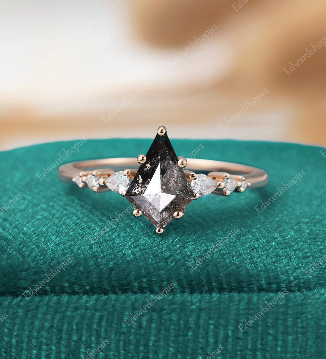 Salt and Pepper Diamond Engagement Ring, Vintage Kite Cut Ring, Rose