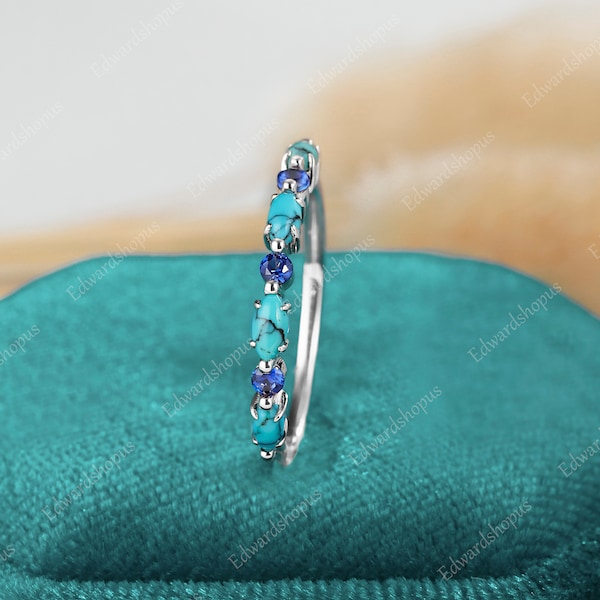 Vintage Saphirring Damen Türkis Trauring Unikat Trauring Mariquise Dainty Art Weißgoldring Jubiläumsgeschenk für Sie