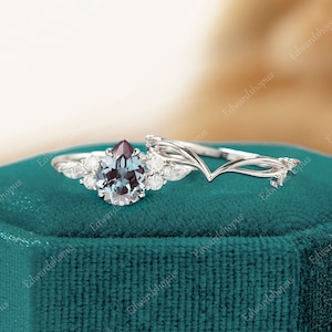 vintage Alexandrite engagement ring set Pear shaped women white gold marquise cut moissanite unique diamond curved wedding band Bridal set