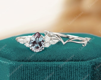 vintage Alexandrite engagement ring set Pear shaped women white gold marquise cut moissanite unique diamond curved wedding band Bridal set