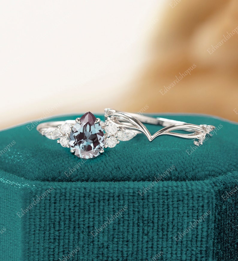 vintage Alexandrite engagement ring set Pear shaped women white gold marquise cut moissanite unique diamond curved wedding band Bridal set 