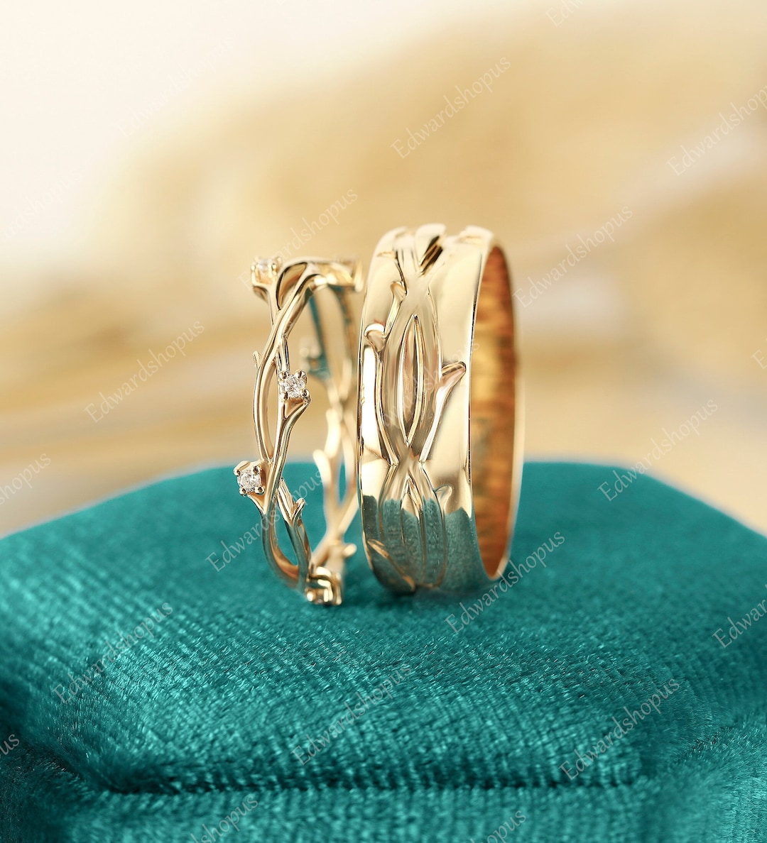 Couples Ring Set for Men and Women Wedding Ring Set Men Comfort Fit Wedding Band Vintage Diamond