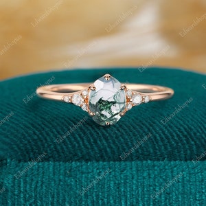 Vintage oval cut moss agate Engagement ring, Unique Diamond rose Gold ring, Moissanite women ring, Art Deco Anniversary gift for her
